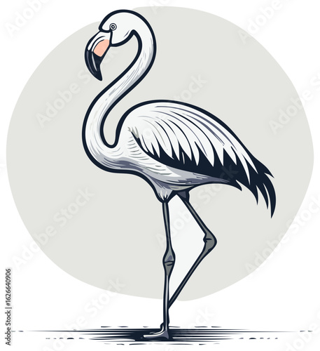 Stylized illustration of a graceful white flamingo standing on one leg in profile view