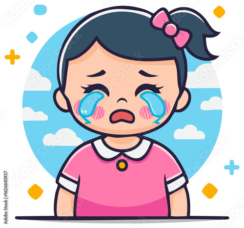 Cute Sad Girl Crying Tears with Pink Bow and Blue Sky Background