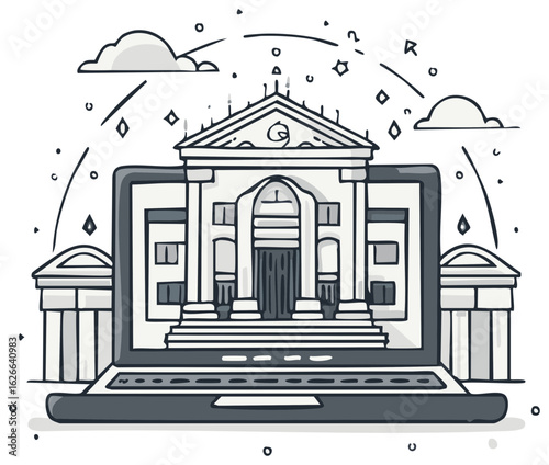 Digital banking concept with classical building on laptop screen and abstract elements