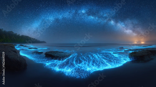 Fototapeta Naklejka Na Ścianę i Meble -  Serene night seascape with glowing blue bioluminescent plankton. An ideal escape for peaceful digital detox beneath starry Milky Way galaxy