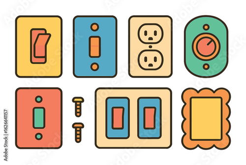 Colorful Switches Grid. Flat vector mini-illustrations toggle and rocker switches in colors children's