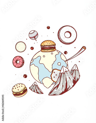 Illustration of a burger on a globe with donuts, mountains, and other food themed planets around it