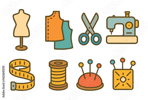 Children's Sewing Tools. Flat vector mini-illustrations clothing prototype creation in colors children's
