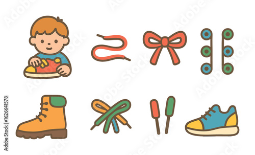 Kids Shoe Lacing Icons. Flat vector mini-illustrations kids learning to lace shoes in colors children's