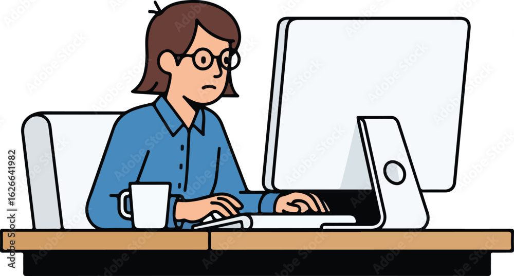 Cartoon Woman Working at Computer with Mug Cartoon Woman Working at Computer with Mug