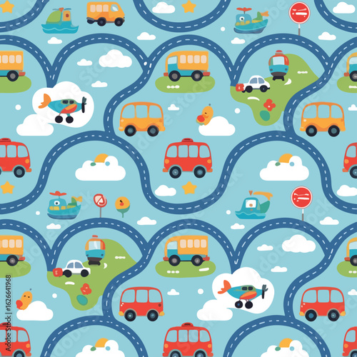 Colorful seamless pattern of cute cartoon vehicles including buses cars and planes on a winding road map with clouds and stars.