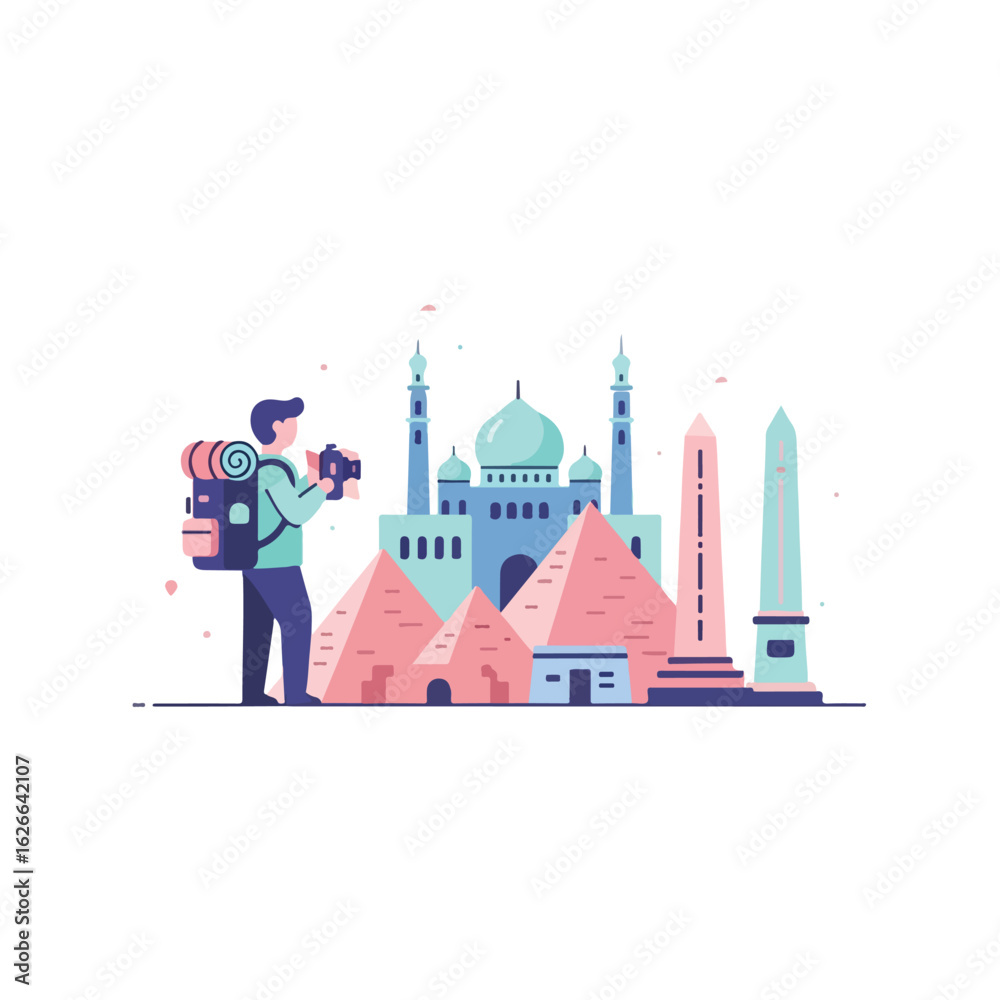 Naklejka premium Explorer with Camera Capturing Iconic Destination Architecture and Monuments Vector Art