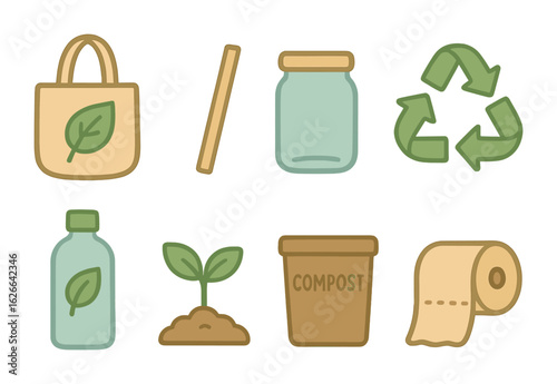 Eco-Friendly Icons. Flat vector mini-illustrations sustainable lifestyle design in colors children's