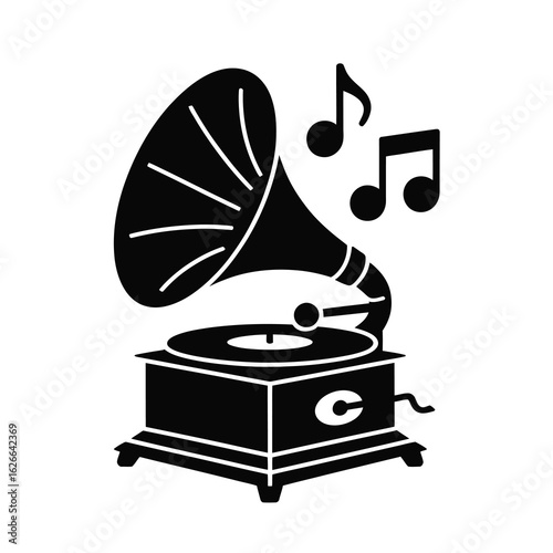 Vintage gramophone playing music silhouette isolated on white background
