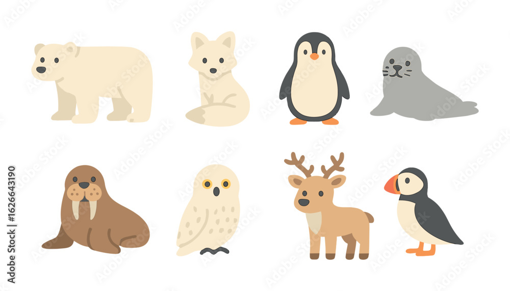 Fototapeta premium Arctic Animals Grid. Flat vector mini-illustrations animals in the arctic habitat in colors children's