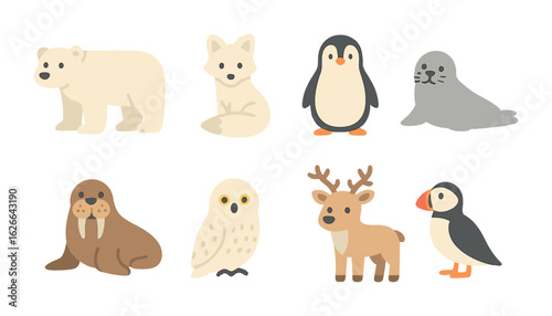 Arctic Animals Grid. Flat vector mini-illustrations animals in the arctic habitat in colors children's