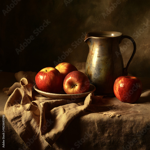 Still life with apples and a pitcher isolated on white background