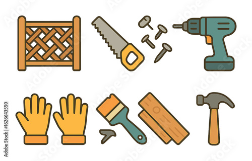 Decorative Fence Tools. Flat vector mini-illustrations installing decorative fences in colors children's