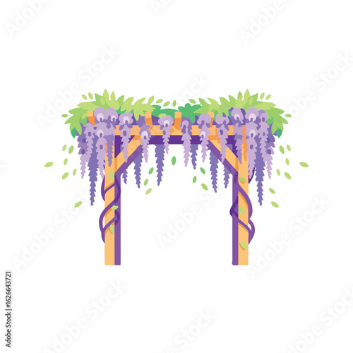 Wisteria Trellis Archway Illustration: Lovely Purple Flowers and Leaves Vector Art