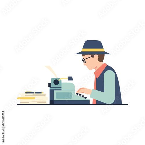 Retro Writer with Typewriter Vector Illustration for Publishing and Freelance Design