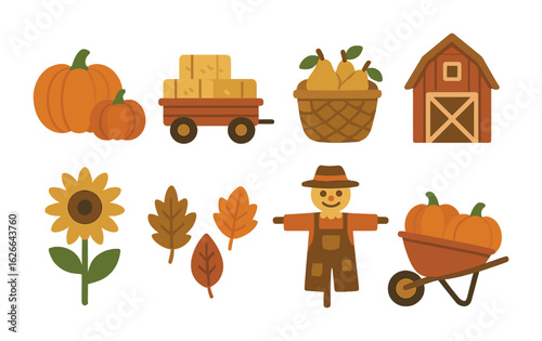 Autumn Harvest Fun. Flat vector mini-illustrations rustic pumpkin patch in colors children's illustrations: