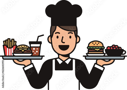 Cartoon Chef with Food Trays: Culinary Service Illustration