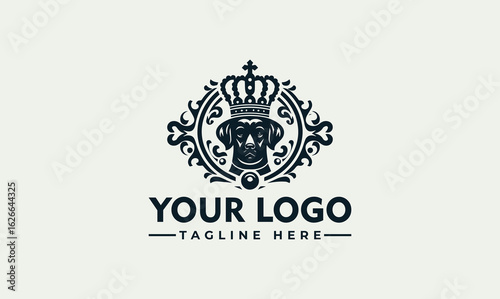 Elegant logo featuring a dog wearing a crown, set within an ornate decorative frame.