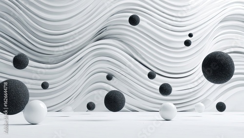 Abstract white wavy background with black and white spheres