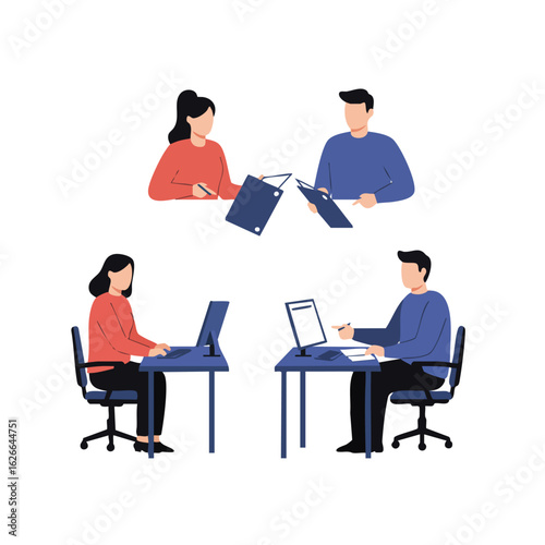 Modern flat illustration depicting diverse business professionals collaborating on documents and working independently on laptops in an office setting.
