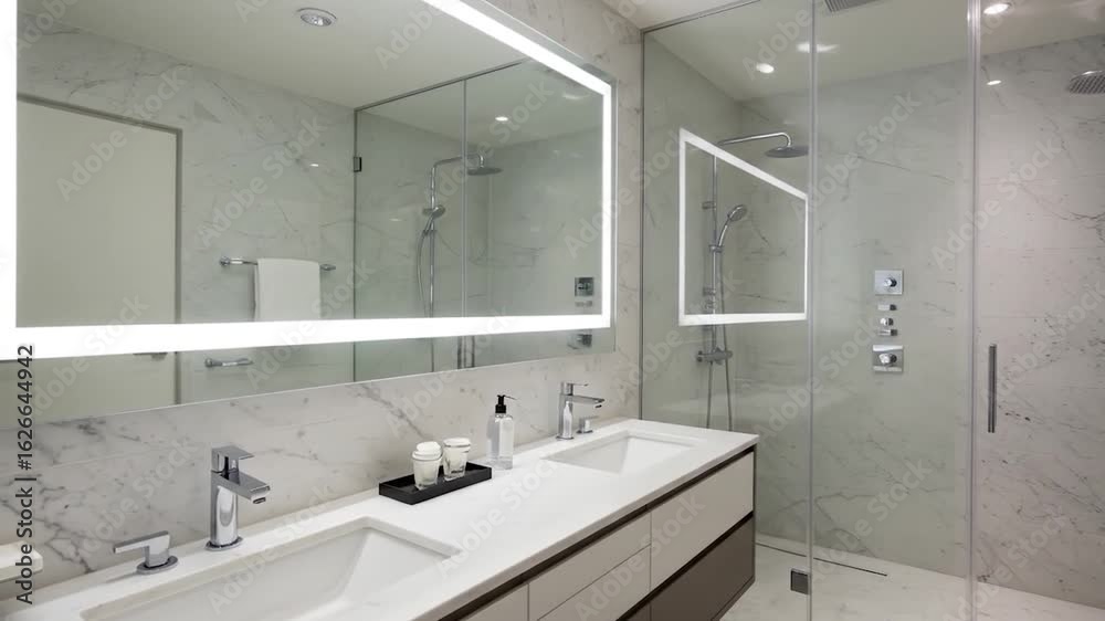 Modern bathroom interior, marble walls, twin sinks, lighted mirror, shower, for design/rental advertising Modern bathroom interior, marble walls, twin sinks, lighted mirror, shower, for design/rental advertising
