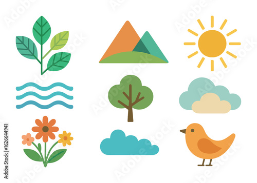 Nature Icons Grid. Flat vector mini-illustrations graphic design trends nature inspired design example in