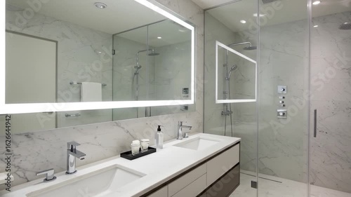 Modern bathroom interior, marble walls, twin sinks, lighted mirror, shower, for design/rental advertising
