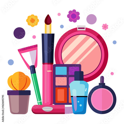 A vibrant and colorful flat illustration of various makeup products including lipstick eyeshadow blush mascara and a compact mirror surrounded by decorative elements like flowers and circles