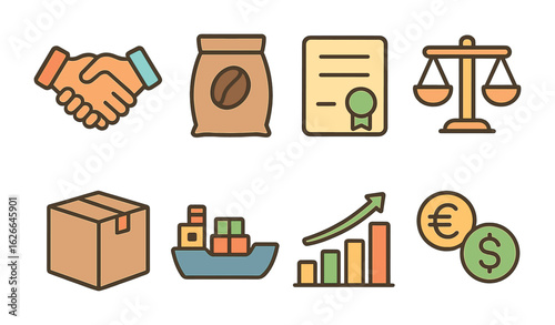 Fair Trade Icons. Flat vector mini-illustrations fair trade policies in colors children's illustrations: