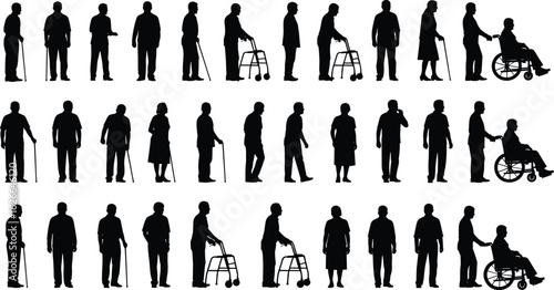 Silhouettes of elderly people, mobility aids, canes, walkers, wheelchairs, senior care, aging support, healthcare, rehabilitation, nursing, disability awareness