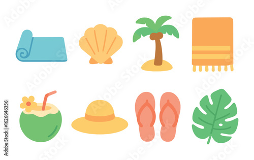 Seaside Yoga Retreat Icons. Flat vector mini-illustrations seaside yoga retreats in colors children's