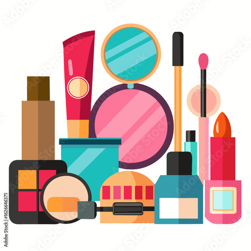 A vibrant flat illustration showcasing a collection of makeup products including lipstick foundation eyeshadow mascara lip gloss blush and a compact mirror with a brush on a white background