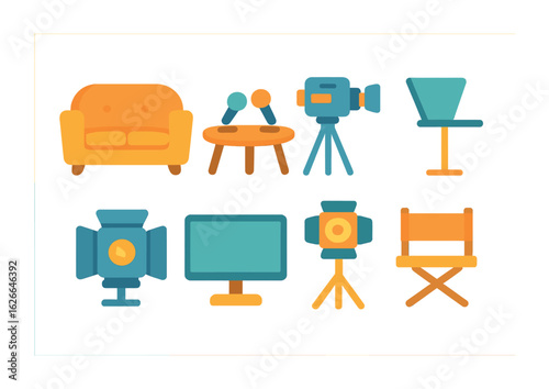 Children's Talk Show Studio. Flat vector mini-illustrations talk show studio in colors children's