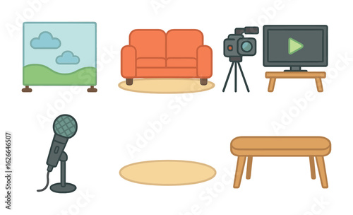 TV Show Icons. Flat vector mini-illustrations set design for TV shows in colors children's illustrations: