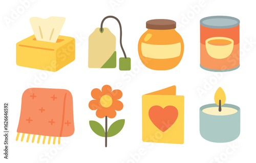 Get Well Essentials. Flat vector mini-illustrations get-well-soon care package in colors children's