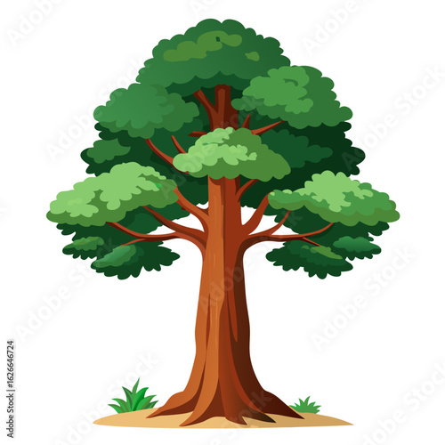 A large healthy deciduous tree with a thick brown trunk spreading branches and lush green foliage isolated on a white background with a hint of grass at its base