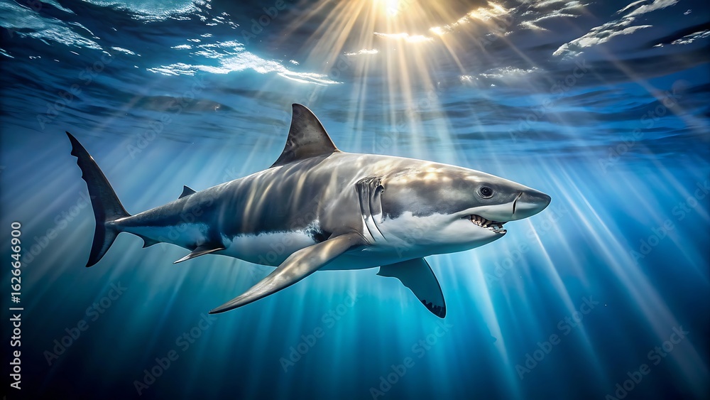 Fototapeta premium Great white shark swimming underwater with sunbeams shining through the ocean