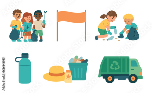 Beach Clean-Up Icons. Flat vector mini-illustrations of beach clean-up events in colors children's