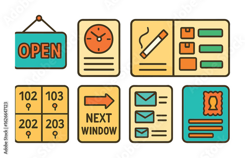 Colorful Postal Icons. Flat vector mini-illustrations of post office signs in colors children's illustrations: