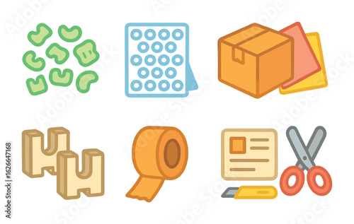Colorful Packing Icons. Flat vector mini-illustrations of packing materials in colors children's illustrations