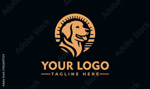 Golden retriever dog head logo design with sun rays and ocean waves in a circular emblem.