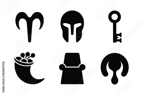 Aries ram horn helmet key horn of plenty throne abstract shape minimalistic silhouette