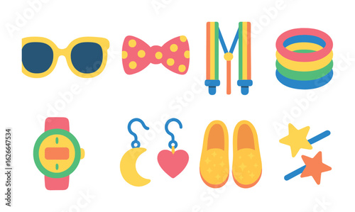 Colorful Accessories Array. Flat vector mini-illustrations of eccentric accessories in colors children's