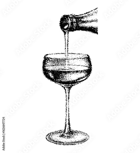 Retro vintage collage element featuring a champagne glass with stippled photocopy texture. Perfect for New Year's Eve disco parties, nightlife, Christmas celebrations, and festive cocktail graphics