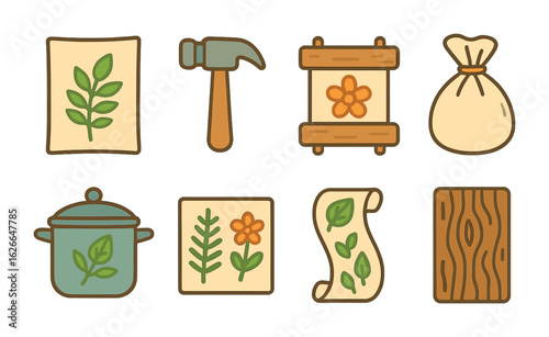 Eco-Printing Techniques Icons. Flat vector mini-illustrations of eco-printing techniques in colors children's
