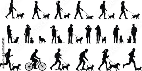 Silhouettes of People Walking Dogs, Running, Biking, Skateboarding, Outdoor Pet Activities, Dog Companionship, Fitness with Pets, Urban Lifestyle Moments