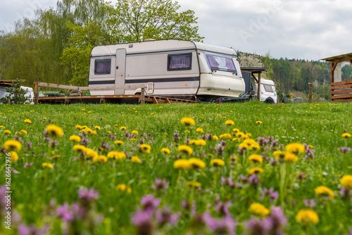 Old-style camper trailer parked on lush grass with blooming dandelions and purple wildflowers. Peaceful outdoor setting at rural campsite in Nova Zivohost. Ideal for nature tourism. No people.