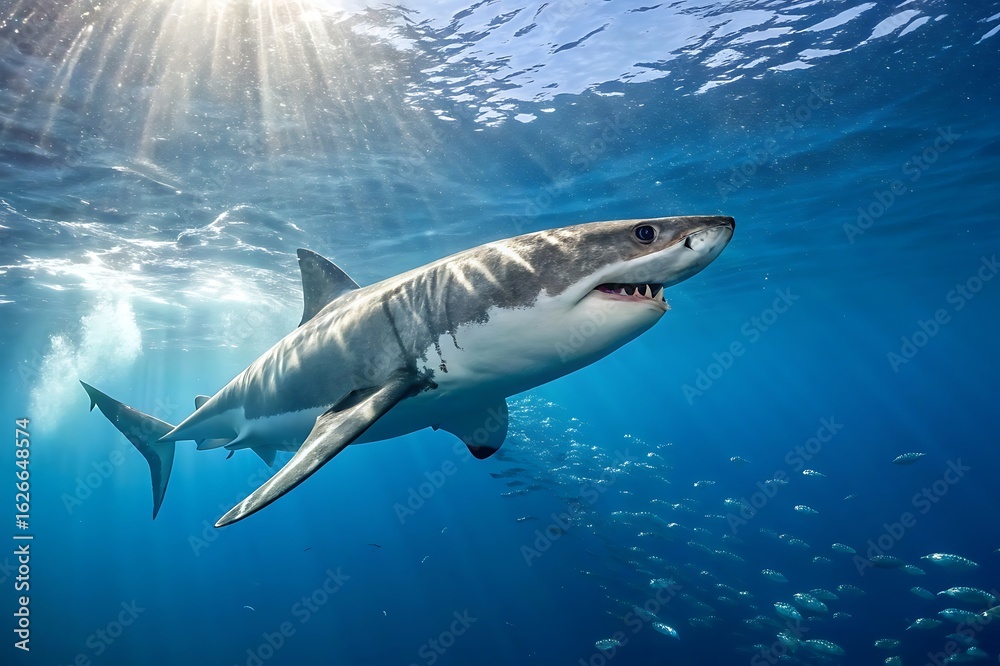 Fototapeta premium Great white shark swimming underwater in ocean with sunlight shining through