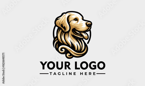 Golden retriever head logo design with flowing fur and a friendly expression.