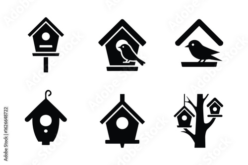 Birdhouses and birds in various designs silhouette nesting box